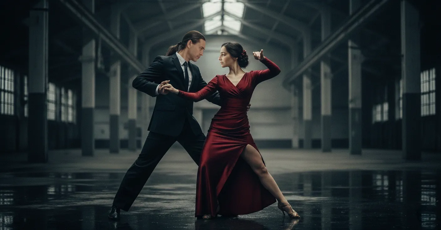 Пара в динамичной позе танго на темном фоне