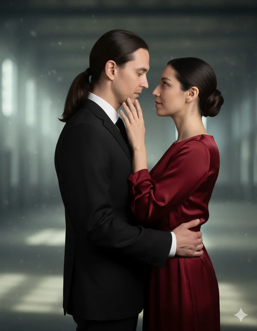 Крупный план артистов танго в объятии